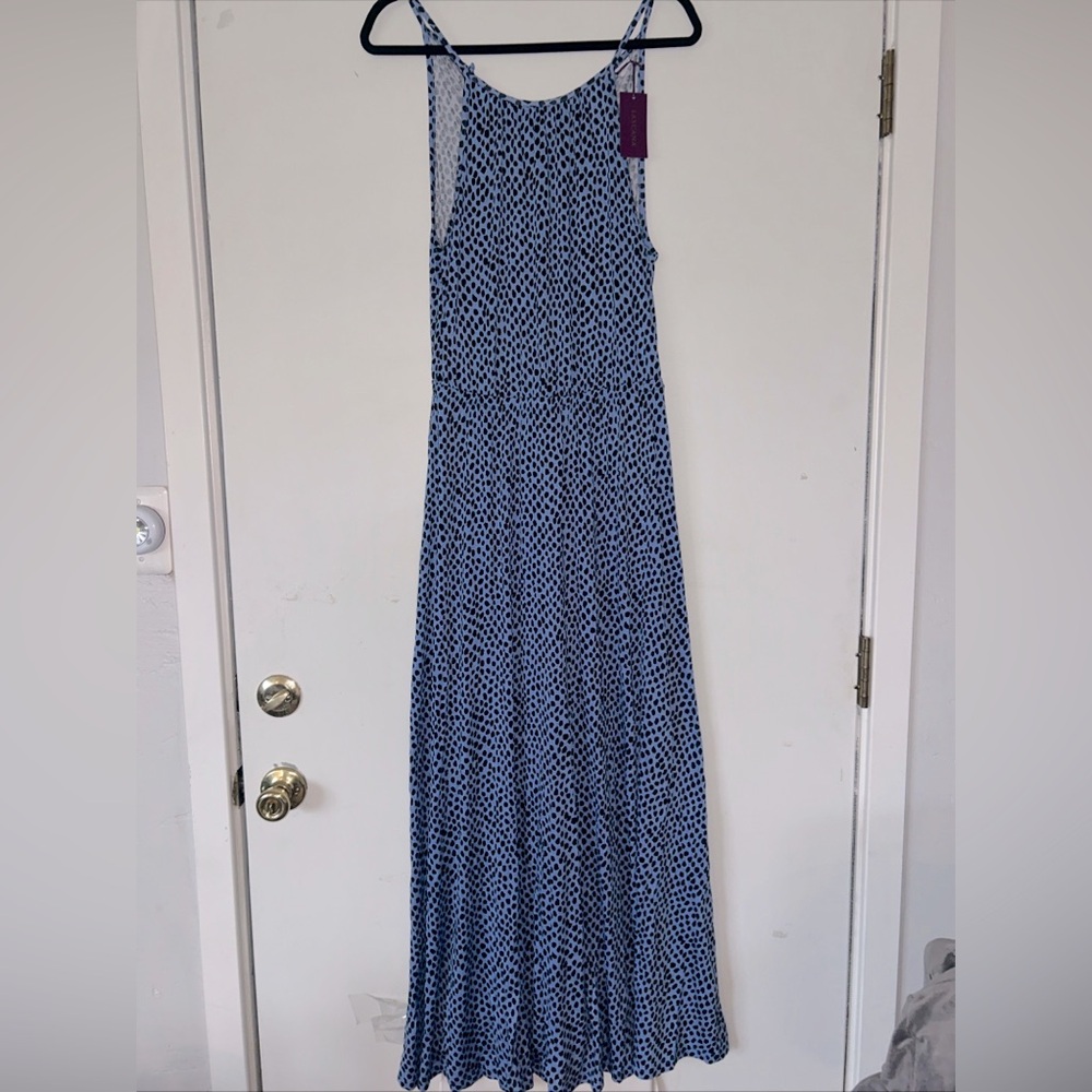 Lascana Women's Blue Blk Polka Dot Long Halter Dress Flowy Stretch Sz 6 NWT